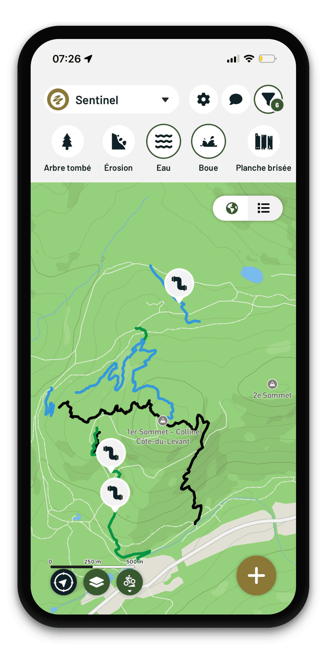 Application mobile Sentinel pour maintenance de sentiers — écran terrain sur iOS et Android