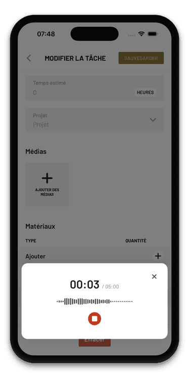 Enregistrement d'un memo audio sur l'ecran de modification de tache