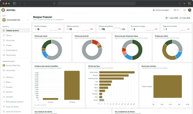 Tableau de bord web avec indicateurs, graphiques et tendances