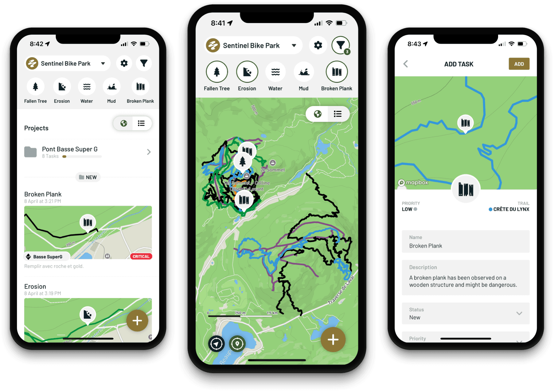 Sentinel trail maintenance application interface showing interactive map